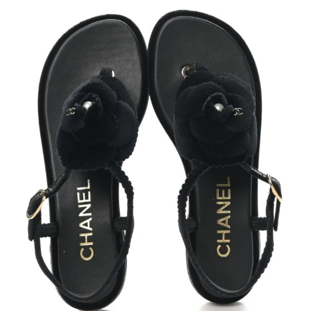 BRAND NEW Chanel Black Velvet Camellia and Pearl Sandals 39.5